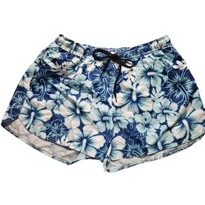 Women's Hawaiian Blue & White Hibiscus Floral Swim Board Shorts- XL